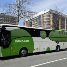 a green and white bus on a city street