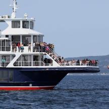 a ferry boat with people on it in the water