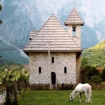 un cavallo bianco al pascolo in un campo accanto a un edificio