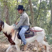 a man in a hat riding a horse in the woods