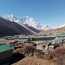 a train traveling through a mountain village with mountains in the background