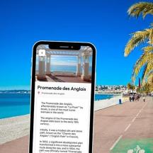 an iphone displaying a website on a beach with palm trees