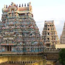 a view of a temple with two towers