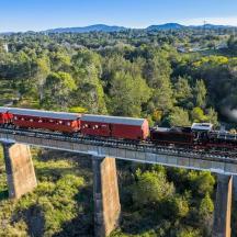 a train on a bridge over a river