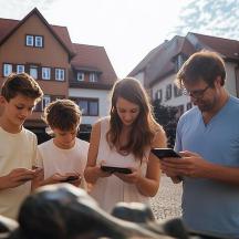 a group of young people looking at their cell phones