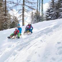 eine Gruppe von drei Personen, die einen schneebedeckten Hang hinunterfahren