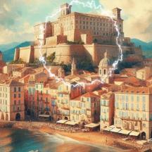 una pintura d'un castell a la part superior d'una ciutat