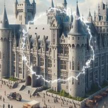 a castle with fire coming out of it