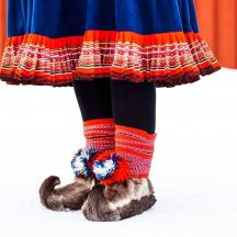 a person wearing a colorful dress with a squirrel underneath it
