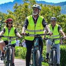 en gruppe mennesker, der cykler ned ad en vej