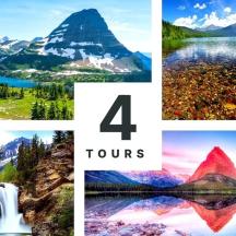 a collage of four photos of mountains and water