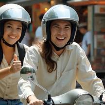 two people wearing helmets riding a scooter