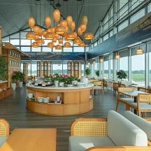 a restaurant with tables and chairs and windows