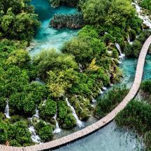 eine Luftaufnahme eines Flusses mit Bäumen und Wasserfällen