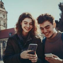 un uomo e una donna che guardano i loro cellulari