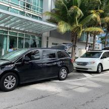 dos cotxes aparcats davant d'un edifici amb palmeres