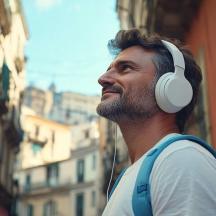 a man wearing headphones standing on a city street