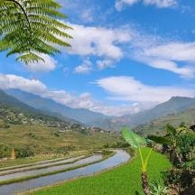 a river in a field with mountains in the background