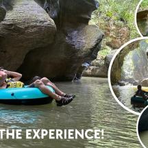 three pictures of people on a raft in the water