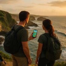 Ein Mann und eine Frau stehen auf einer Klippe und schauen auf ein Mobiltelefon