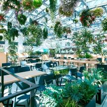 a greenhouse with tables and chairs and plants