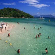 a group of people in the water at a beach