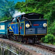 a blue and yellow train traveling down the tracks
