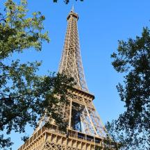 a view of the eiffel tower from behind some trees