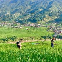 two people standing in a field of tall green grass