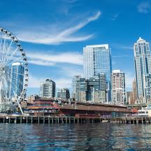 a ferris wheel in front of a large city