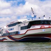 a large boat is docked in the water