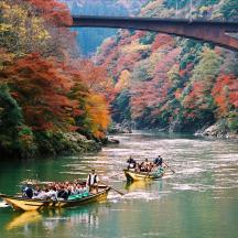 a group of people in boats on a river