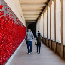 Ein Mann und eine Frau gehen einen Flur entlang, an dessen Wand eine rote Wand verläuft.