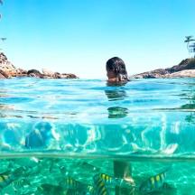 a person swimming in the water near a beach