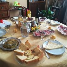 a table with plates of food on a table
