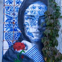 a mural of a woman with a flower on a wall