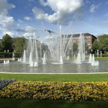 a fountain in the middle of a park with flowers
