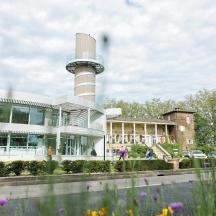 a building with a control tower on top of it