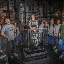 a group of people standing in a room