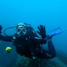 a person in a diving suit and goggles is underwater