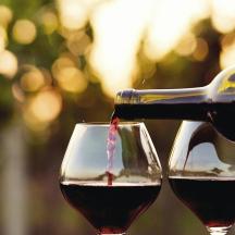 eine Person gießt Rotwein in zwei Weingläser