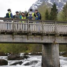 a group of people standing on a bridge over water