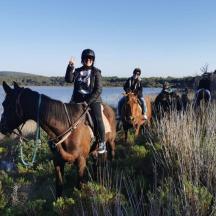 a group of people riding horses in a field