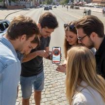 eine Gruppe von Menschen, die auf ein Mobiltelefon schauen