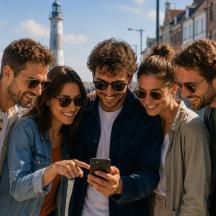 un grup de persones mirant un telèfon mòbil