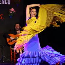 a woman in a colorful dress performing on a stage