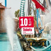 a discount sign on a water slide at a amusement park