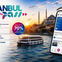 an advertisement for istanbul city with a phone with a boat in the water