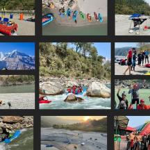 a collage of pictures of people on a river