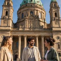 three people standing in front of a building